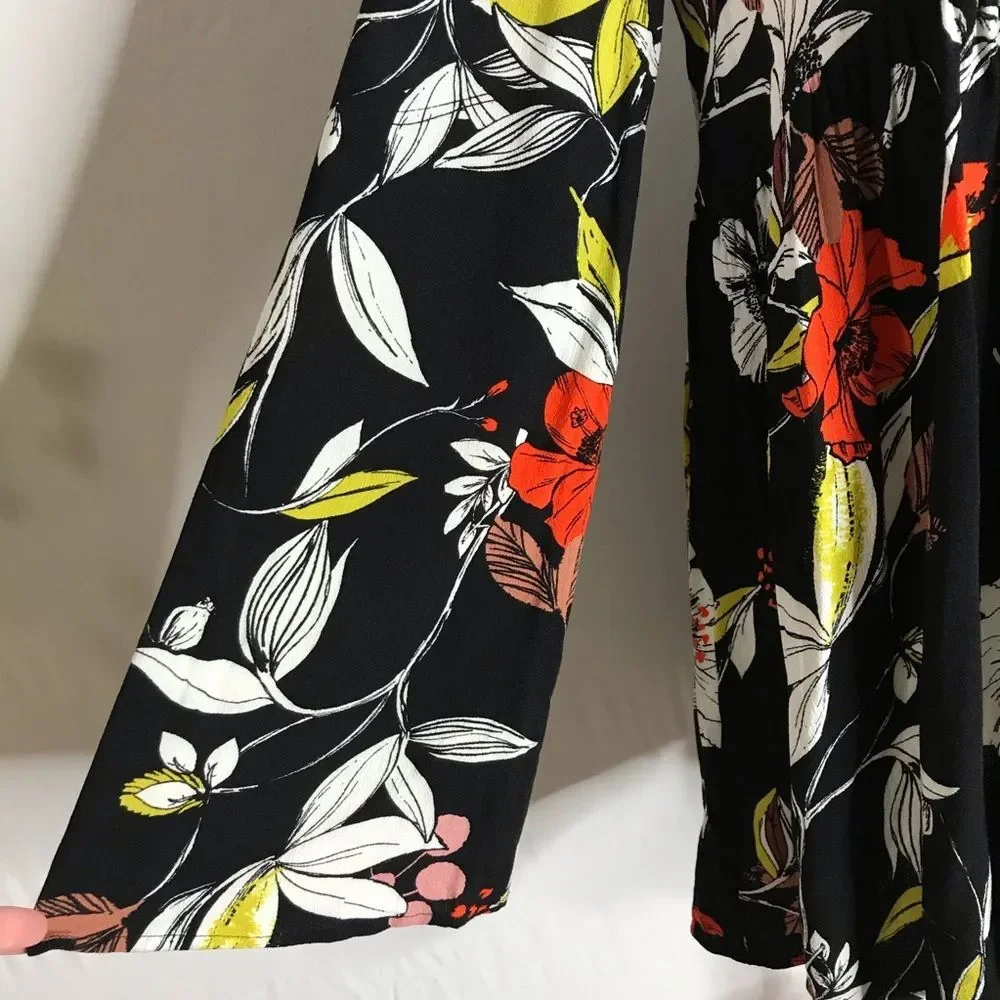 Free People Bella Black Red Green Floral Tunic Long Bell Sleeves Small